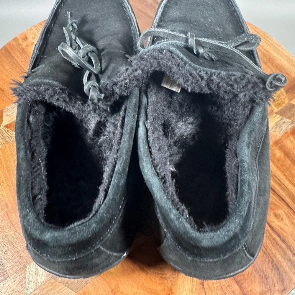 Vionic Adler‎ Mens Black Suede Faux Fur Lined Moccasin Slippers Size 7 566ADLER